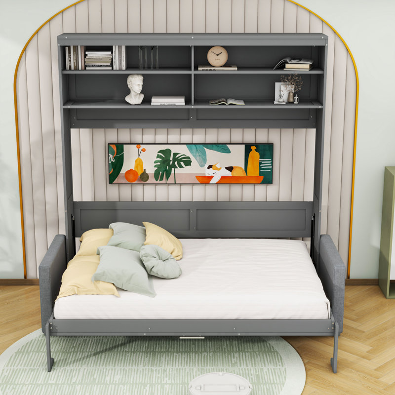 Grand lit escamotable mural avec canapé et tablettes de rangement, gris