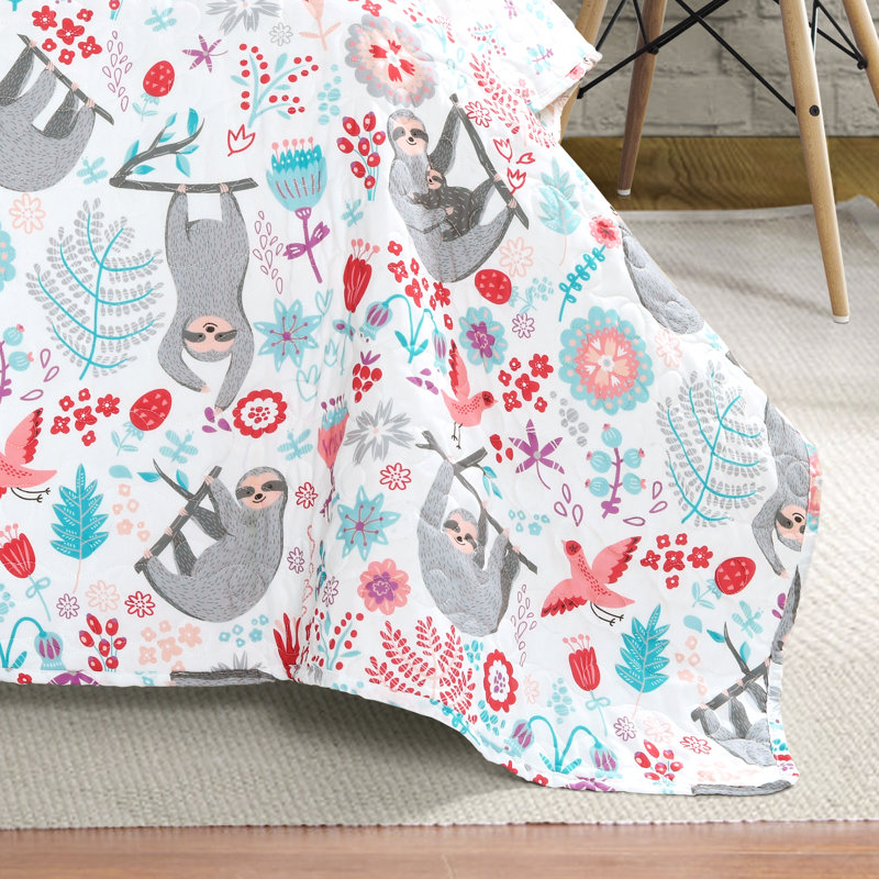 Ensemble de courtepointe réversible en microfibre Hygge Sloth, Courtepointe simple + 1 taie décorative standard, Blanc
