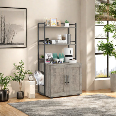 Cat Litter Box Enclosure With Shelf Storage, 2-in-1 Hidden Cat Washroom Furniture