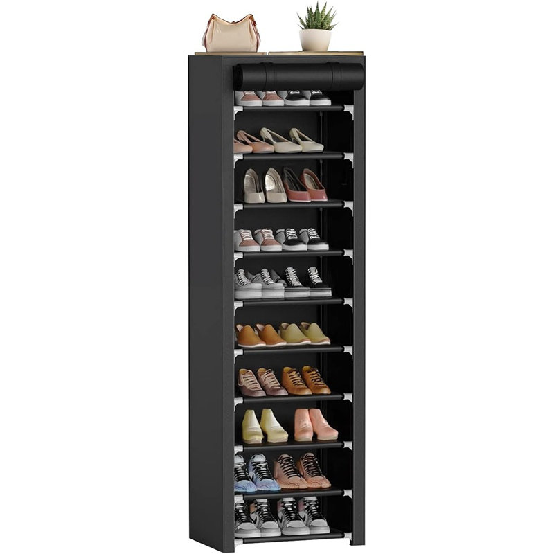 Range-chaussures mince à 10 niveaux avec housse anti-poussière - Organisateur de chaussures haut, étroit et peu encombrant pour le rangement des vestibules