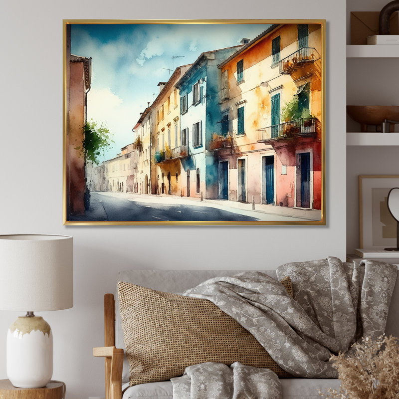 «Blue Town», petite ville en Italie, reproduction d'art sur toile, H 24 po x l 32 po x P 1 po, Cadre flottant doré