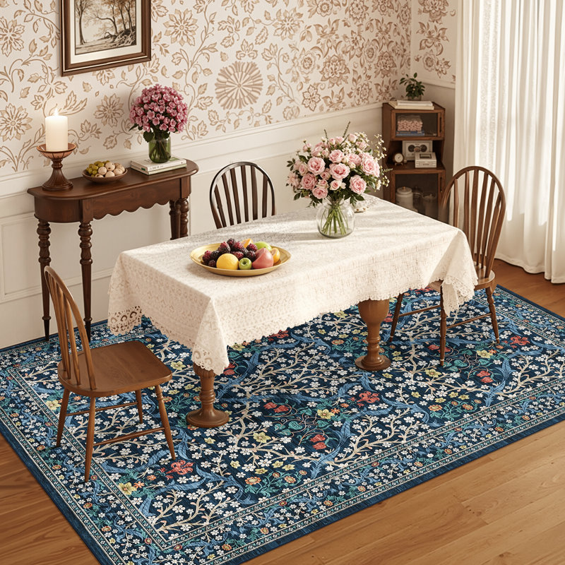Vintage Floral Area Rug Washable Rugs Stain Resistant Easy Cleaning Indoor Carpet With Non-Slip Backing Low Pile Floor Cover Non Shedding Folding Throw Carpet For Home Decor