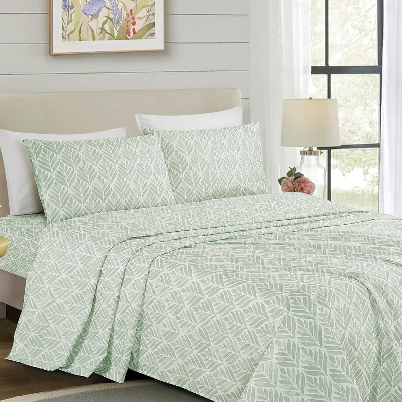 Ensemble de draps en microfibre à imprimé floral, Double, Feuille de tige vert tendre