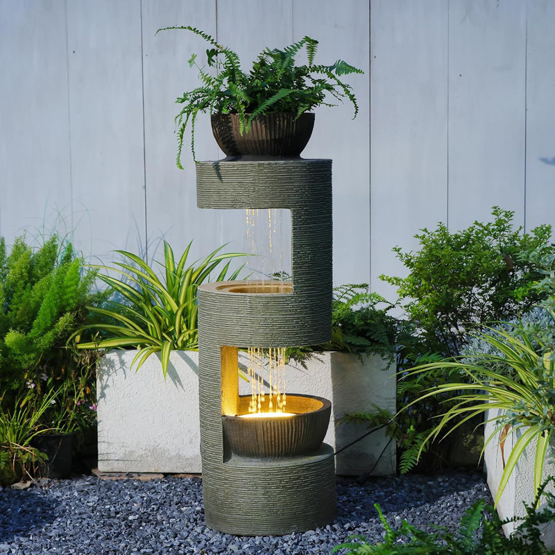 Modern Column Rain Curtain Cascading Water Fountain with LED Lights & Planter, 37.8:H Garden Resin Outdoor Water Feature for Garden Patio Decor