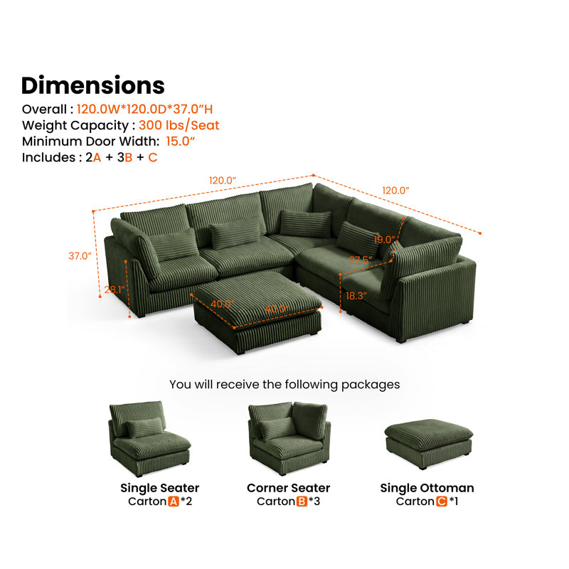 Cloud Sectional Oversized Modular Sofa,120" 5 Seater Corduroy Wide Seat Sectional with Reversible Chaise,L Shaped Sofa Couches with Convertible Ottoman,