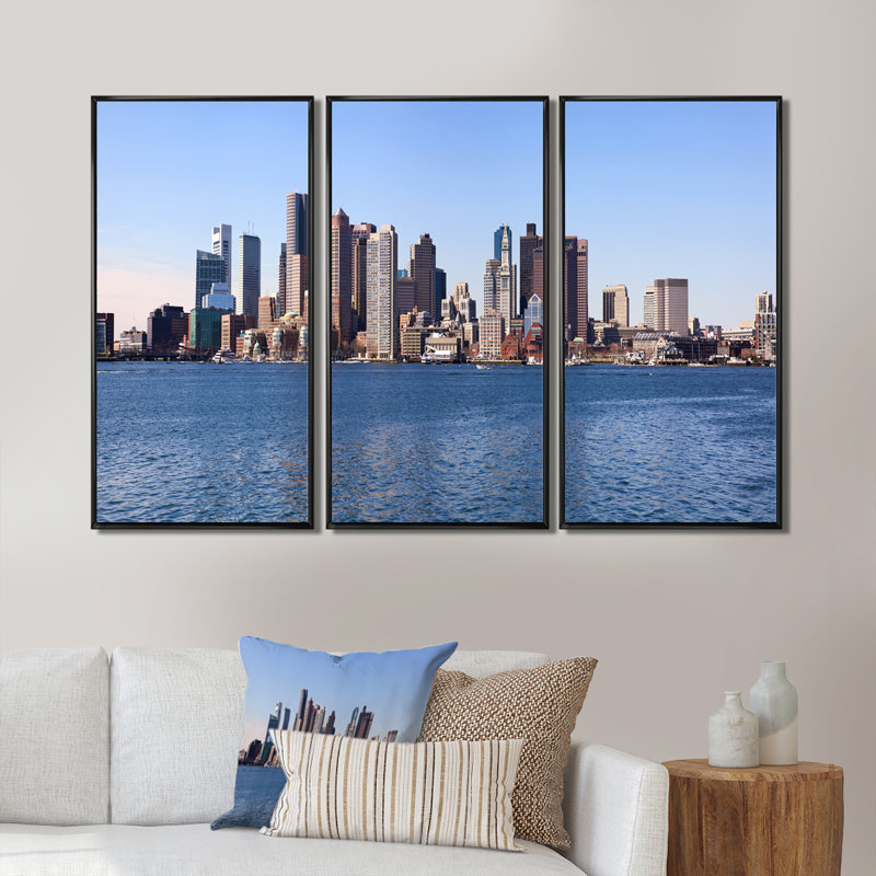 Boston Skyline Panorama - 3 pièces, cadre photo flottant sur toile, H 20 po x l 36 po, Noir