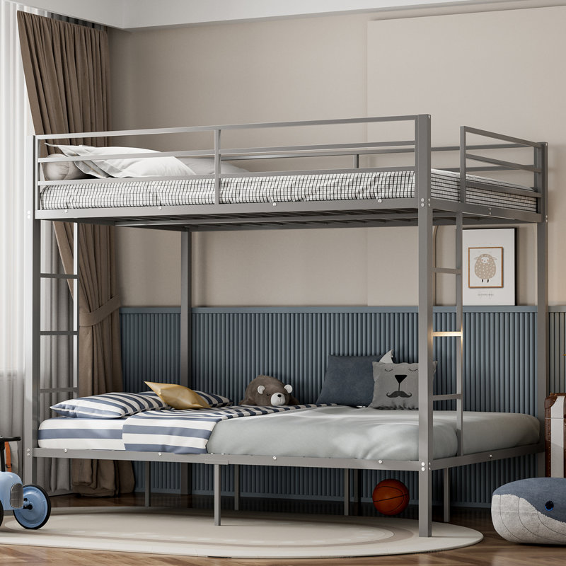 Isabelle & Max™ Metal Full Over Full Bunk Beds with LED Lights and Charging Station, Heavy Duty Metal Full Size Bunk Bed Frame with Safety Guardrail & 2 Ladders, Space-Saving Design, No Box Spring Needed, Silver 