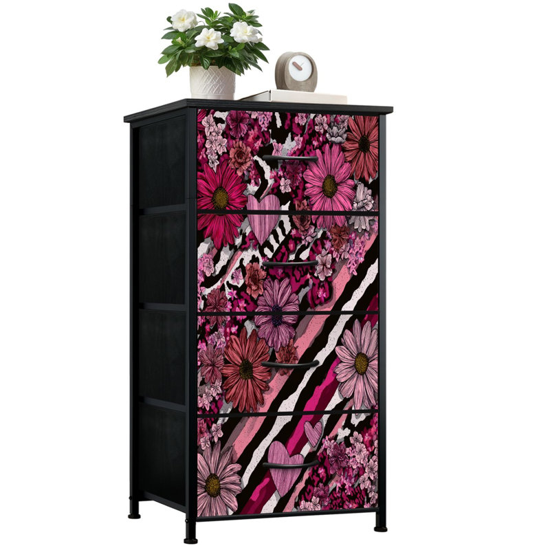 Commode moderne pour la chambre à coucher avec 4 tiroirs de rangement avec commode à rayures dynamiques en forme de cœur rose psychédélique