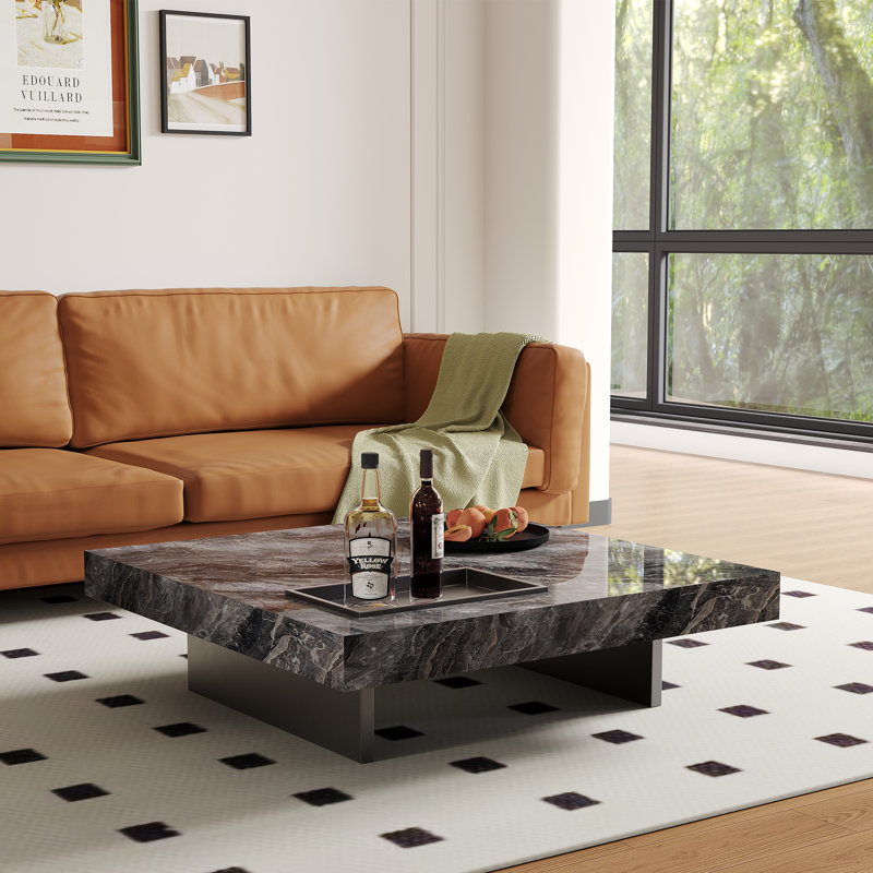 Table basse carrée 42 po, table basse luxueuse en marbre avec pieds et plateau en acier inoxydable, Noir