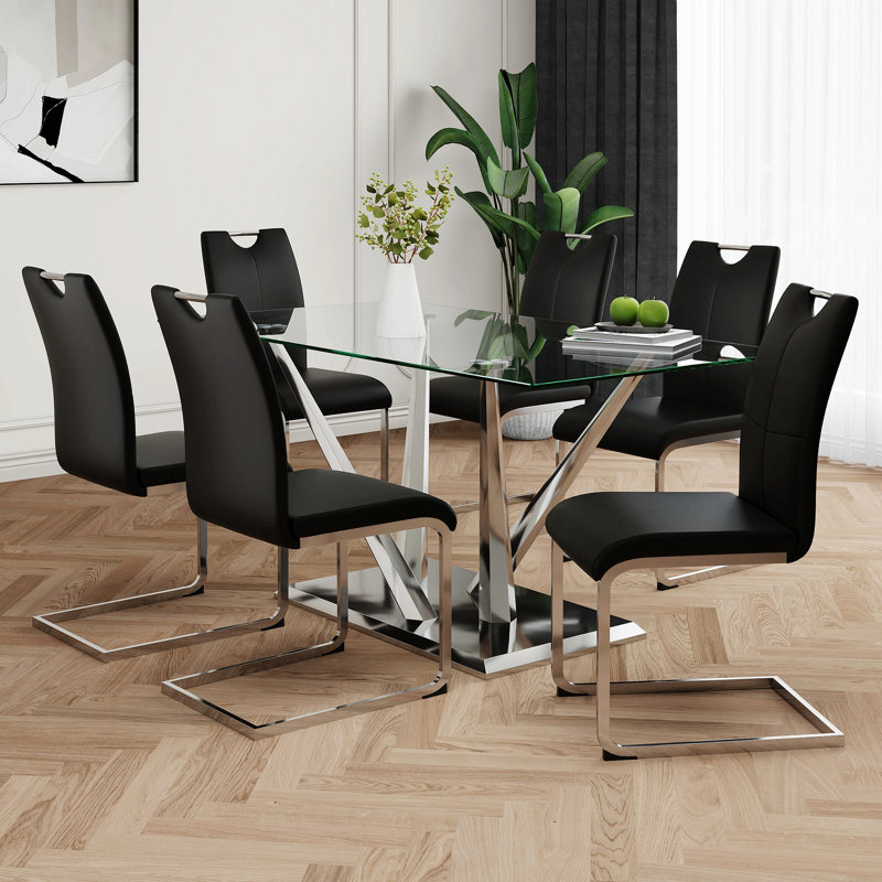 Table de salle à manger en verre, base en acier inoxydable robuste, ensemble de chaises de salle à manger, pieds de chaise galvanisés pour la salle à manger et la cuisine (ensemble de 5)