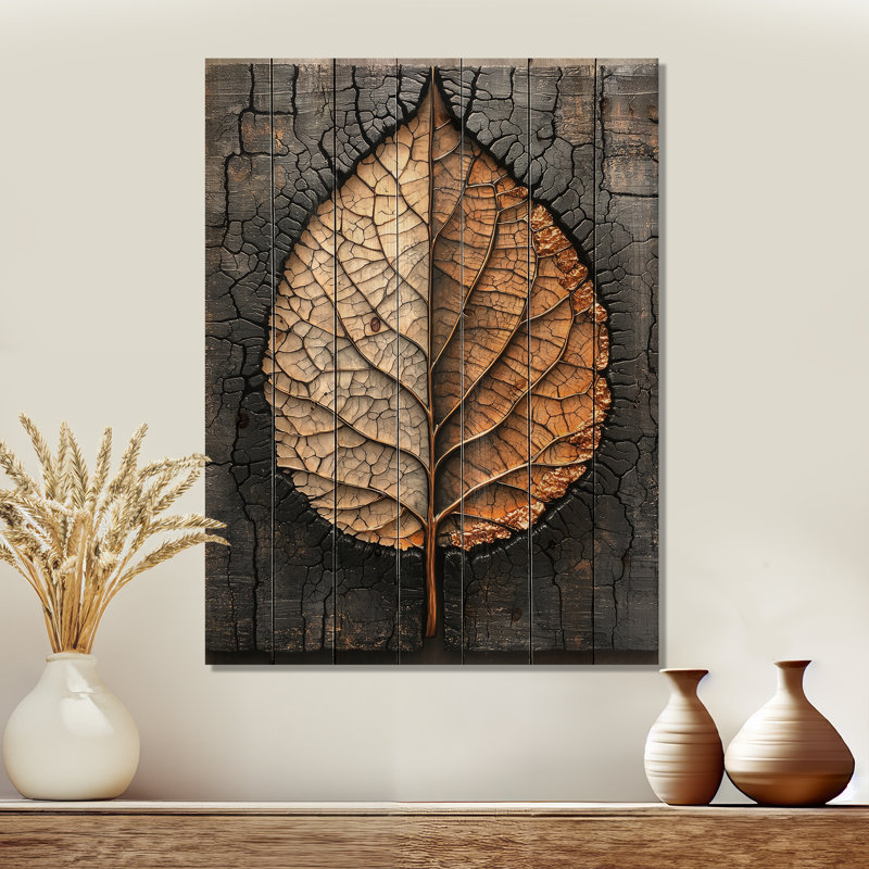 Modern Dark Leaves Symmetry Of Winter I - Leaves Wood Wall Art - On Natural Pine Wood, 44" H x 34" W x 0.78" D