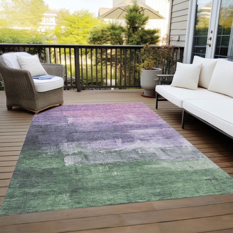 Lavender and Green Washable Synthetic Indoor/Outdoor Rug