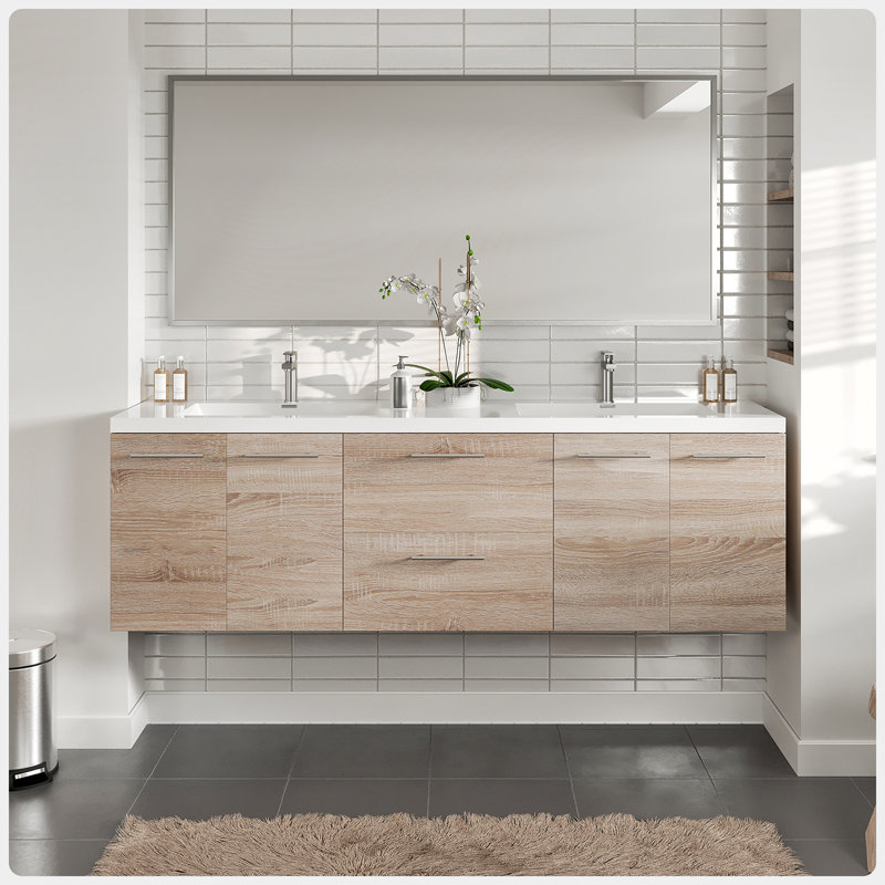 Aberdeen 72'' Wall Mounted Double Bathroom Vanity with Acrylic Vanity Top, White Oak