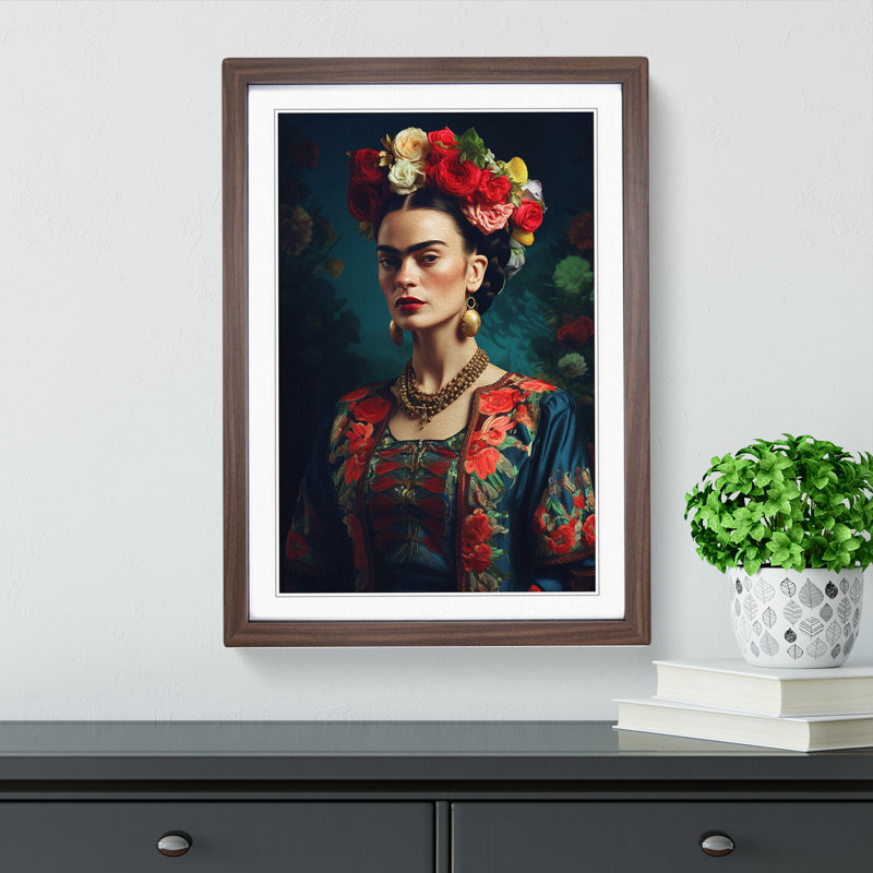 Frida Kahlo Digital No.2 - Single Picture Frame Print on Wood, Walnut, 46cm H x 34cm W x 2cm D