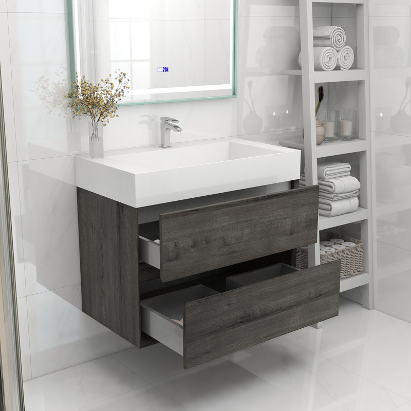 Meuble-lavabo mural simple 36 po, Chêne fumé