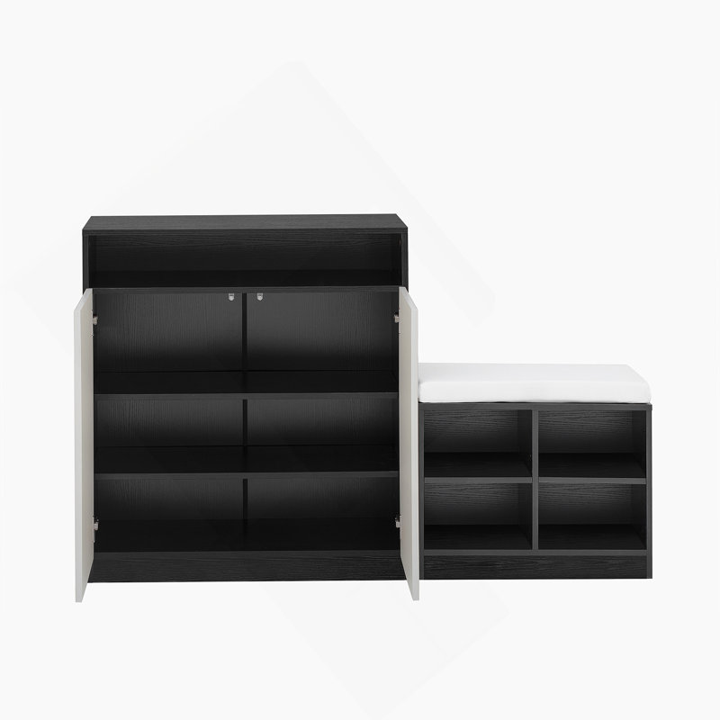 Living Room Cabinet With Shoe Bench, 2 Doors And 3-Tier Adjustable Shelves, Beige/Black