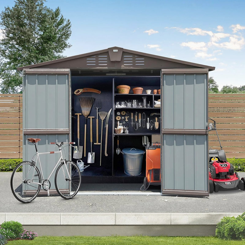 Compartiment de rangement extérieur 8,2 pi x 6,2 pi - Acier métallique pour jardin à gazon Portes et évents doubles verrouillables