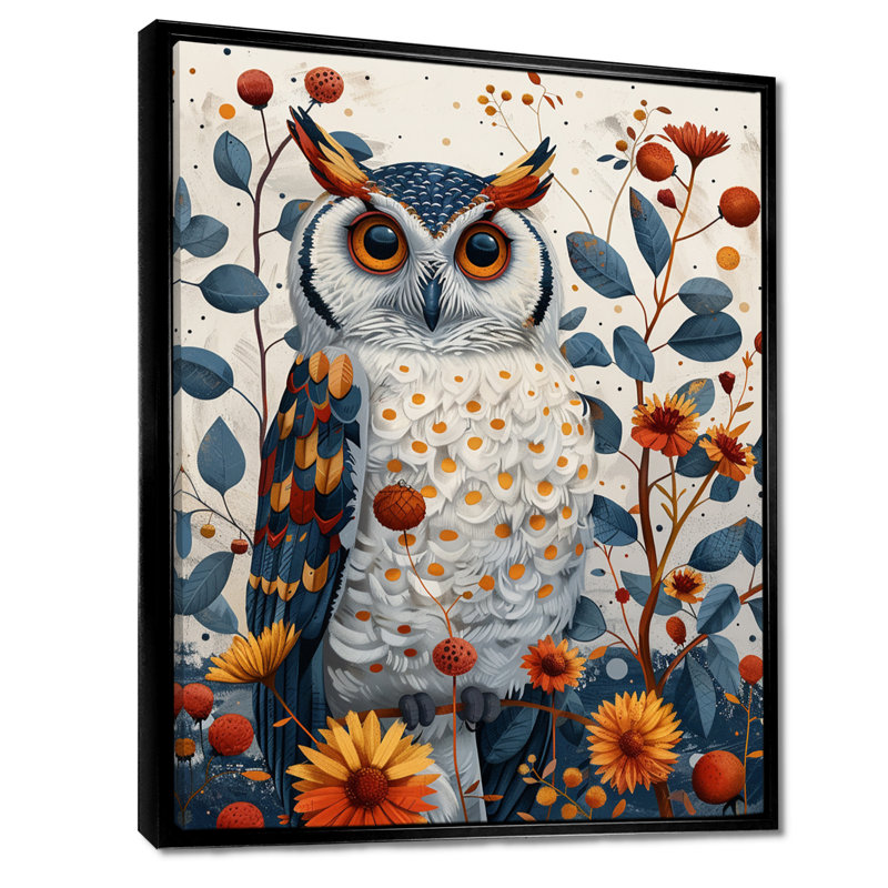 Nobel, hibou en fleurs, fleurs orange, H 20 po x l 12 po x P 1 po, Toile avec cadre flottant noir