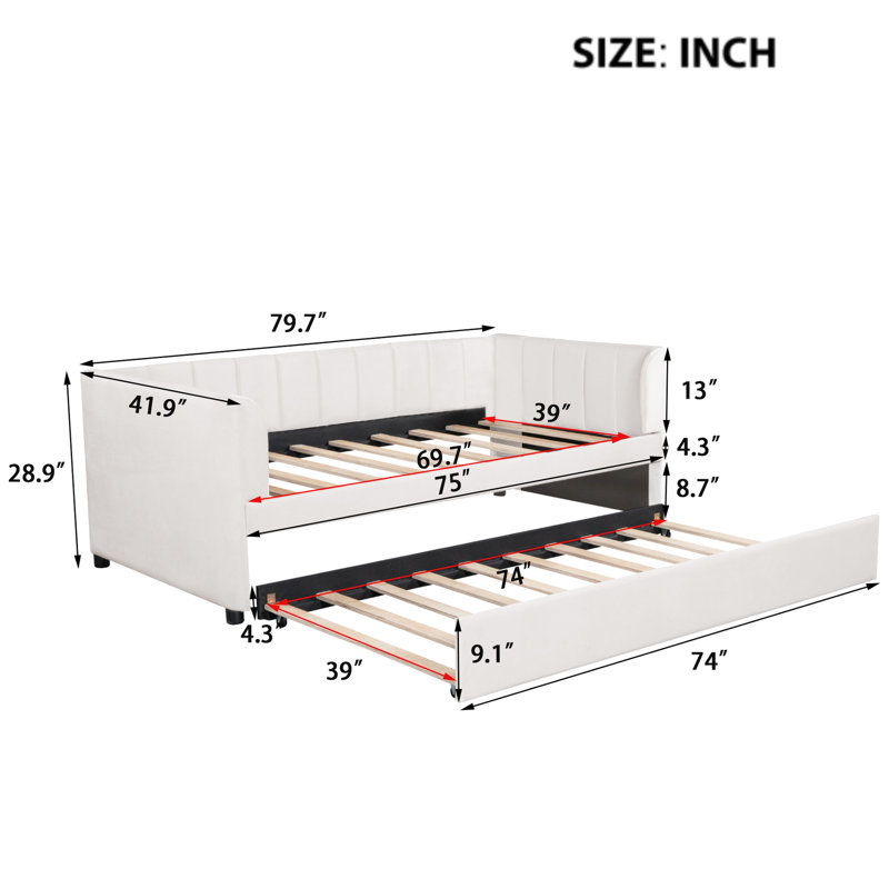Lit de jour simple en tissu beige et ergonomique pour une nuit de sommeil confortable