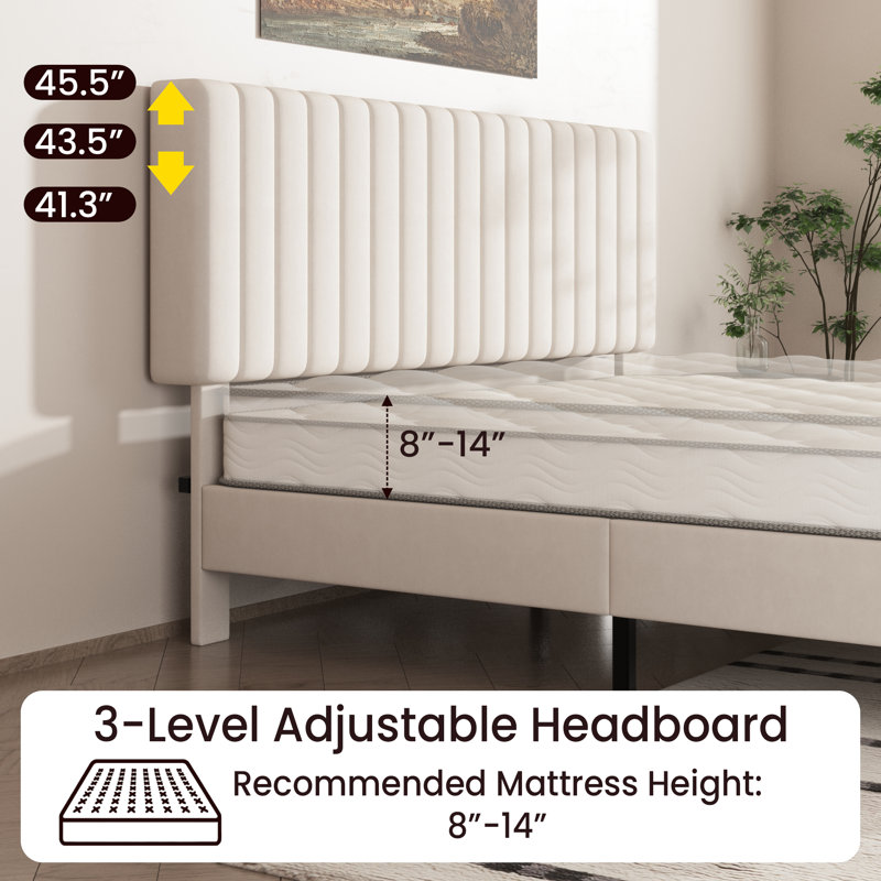 Bed Frame Queen Size, Velvet Upholstered Platform Bed with Headboard, Strong Wooden Slats, No Box Spring Needed, Noise-Free Mattress Foundation, Vertical Stripe, Easy Assembly, Beige