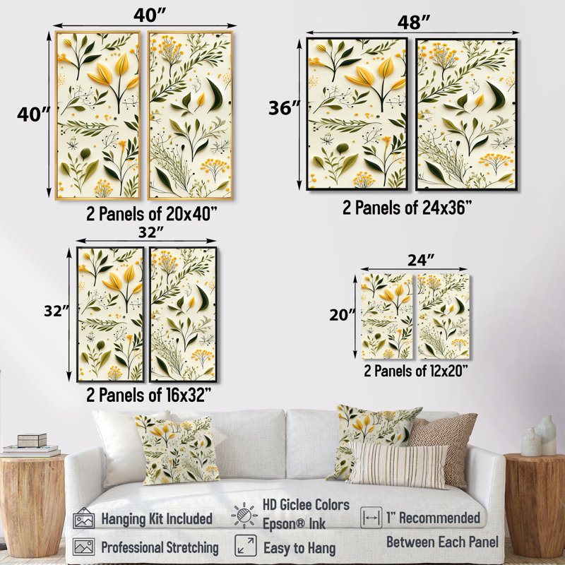 Jaune et vert, simplicité florale - chalet, art mural traditionnel sur toile, 36" H x 48" W, Framed Print without Mat, Gold