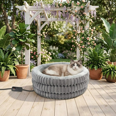 Heated Cat Bed for Indoor Use, 20in Round Donut Deep Sleep Calming Heated Pet Bed for Cats & Small Dogs, Electric Thermal Cat Warming Bed with Adjustable Heating Pad, Washable