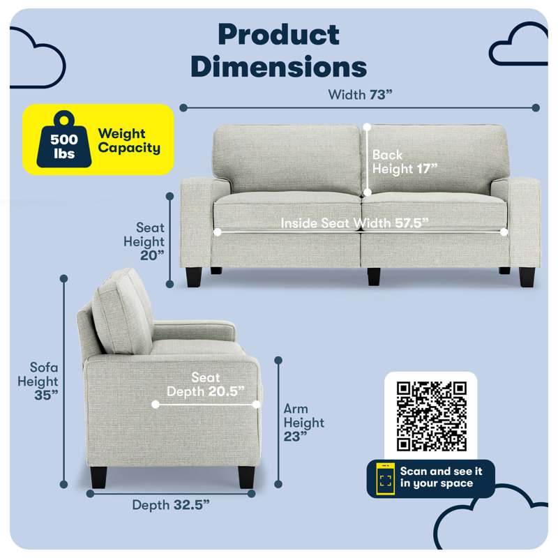 Serta Palisades 73-Inch Track Arm Sofa with Easy-Care Fabric and Pillow Back, Pebble Gray Polyester Blend