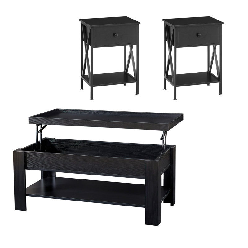 Ensemble de meubles de salon 3 pièces Berardina, table basse à plateau relevable noir moderne avec rangement caché et table de chevet, ensemble de 2 avec tiroir et tablette ouverte