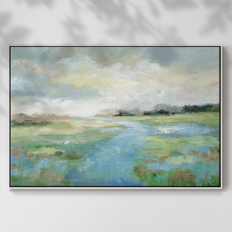 «Winding Stream», peinture sur toile encadrée, H 27 po x l 41 po x P 2 po, Cadre blanc
