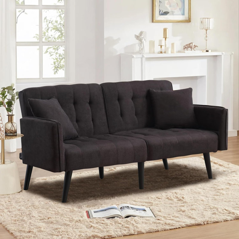 Canapé-lit de 56 po avec canapé-lit de style moderne Mid-Century avec dossier réglable et accoudoirs, Noir, noir, noir, noir