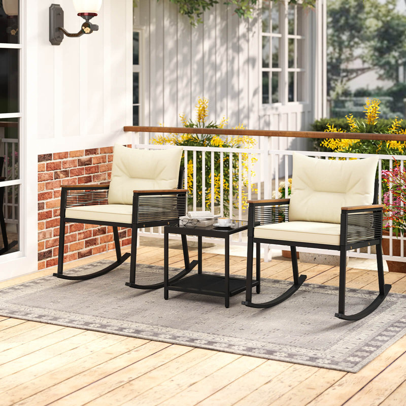 3 Pcs Outdoor Rocking Bistro Set With 2-tier Coffee Table, Acacia Wood Armrests