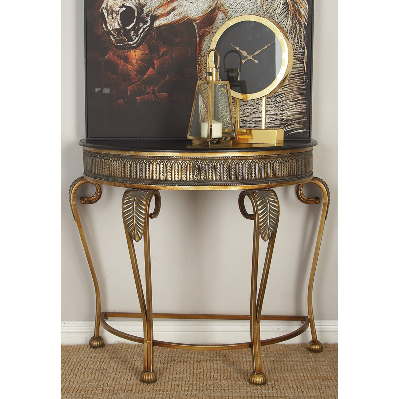 Gold Metal Demilune Console Table with Ornate Scroll Legs