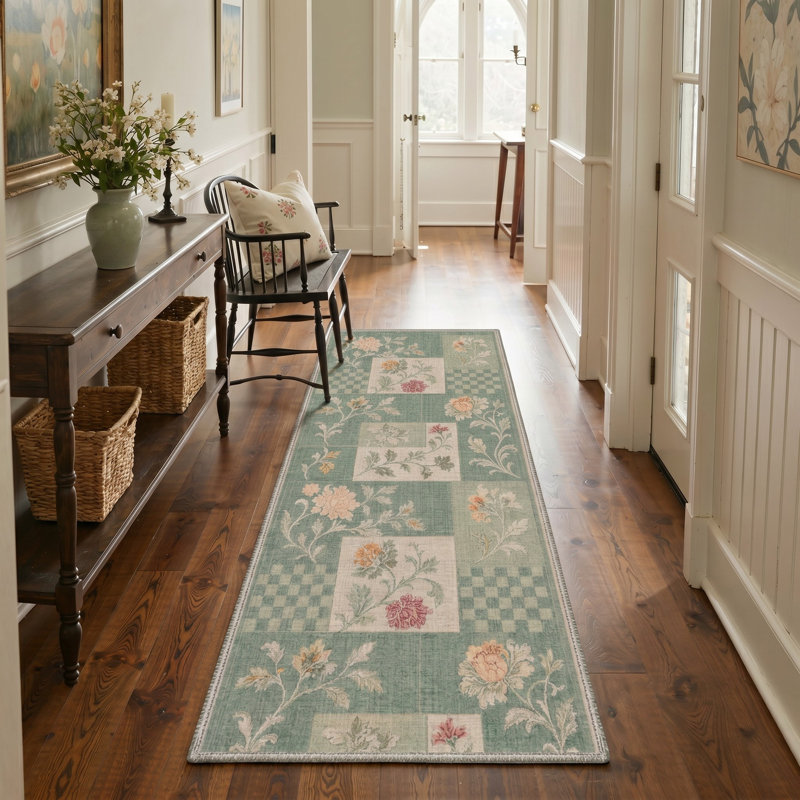 Tapis de couloir vert / ivoire en patchwork lavable à la machine avec envers antidérapant, Tapis de couloir 2 pi x 6 pi