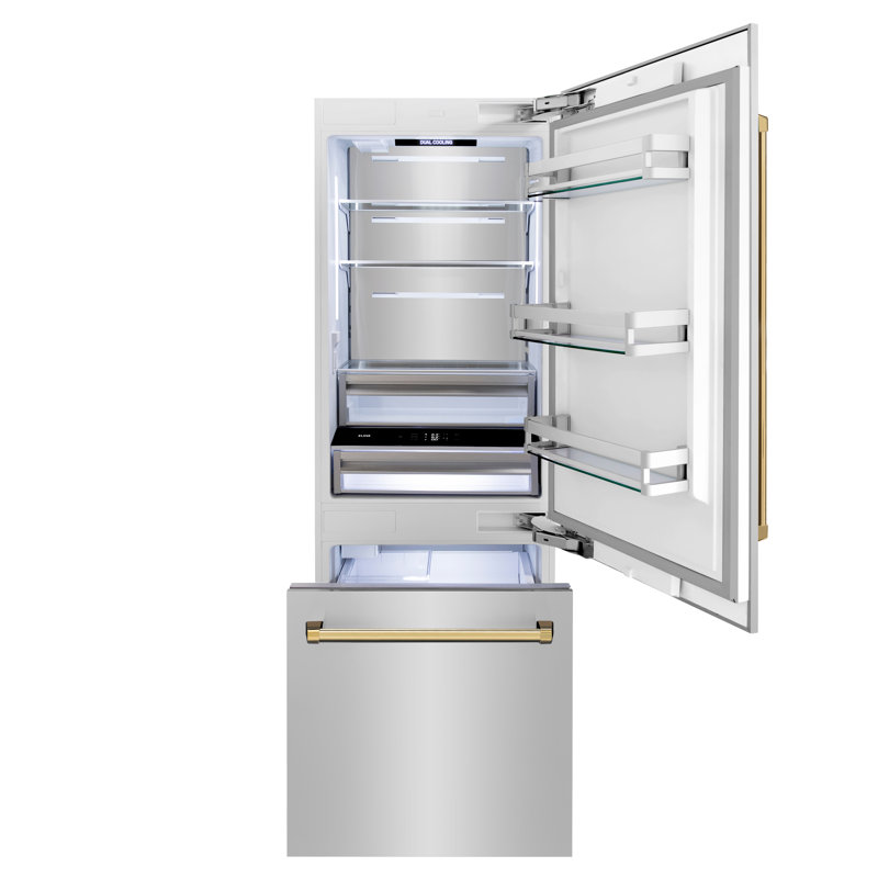 ZLINE 30 Autograph Edition 16.1 cu. ft. Built-in 2-Door Bottom Freezer Refrigerator with Accent, Gold, Stainless Steel