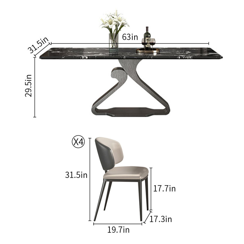Ensemble de table de salle à manger rectangulaire en marbre noir de luxe, H 29,5 po x L 63 po x l 31,5 po