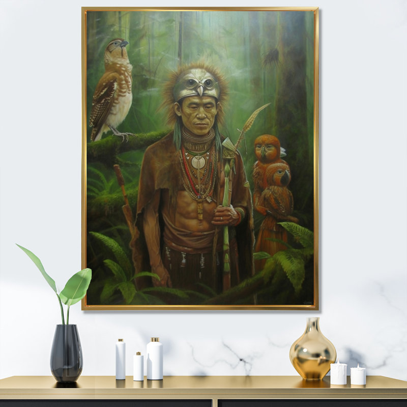 Chaman Amazonien, sagesse antique sur toile, H 44 po x l 34 po x P 1,5 po, Cadre flottant doré