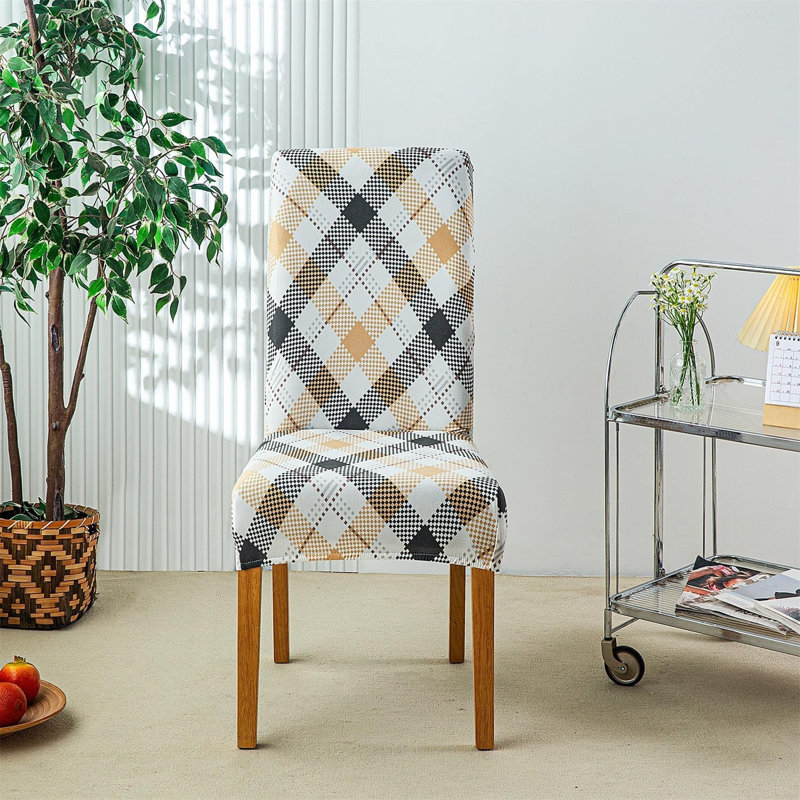 Box Cushion Dining Chair Slipcover, Polyester Blend - Beige Geometric