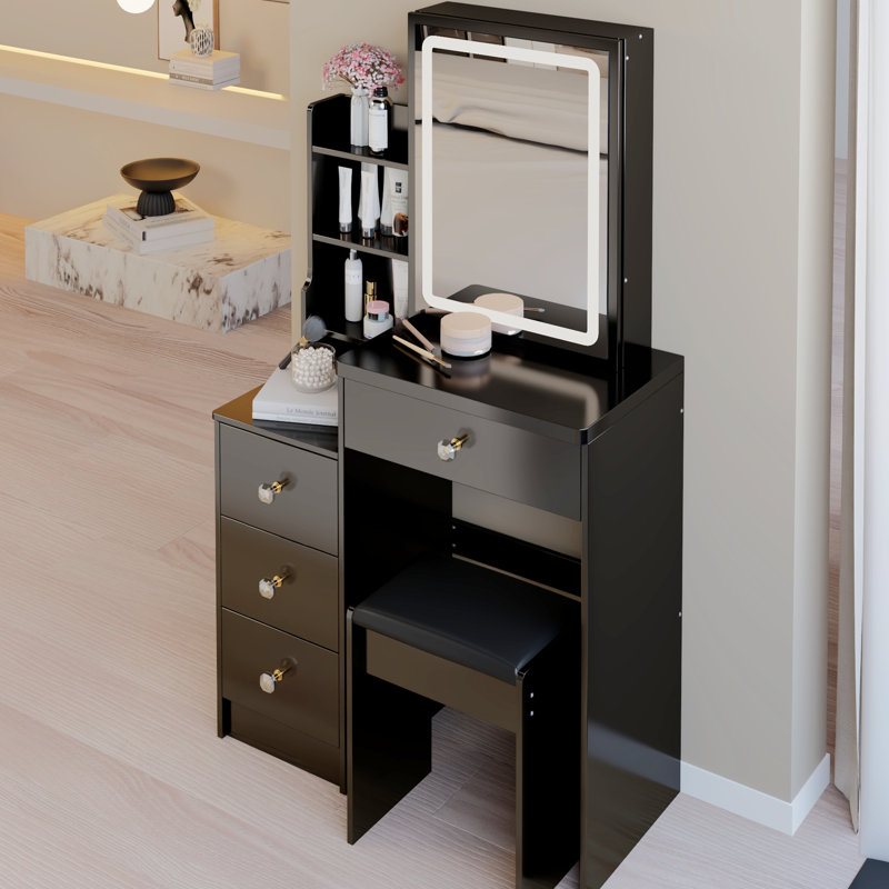 Ensemble de meuble-lavabo de 29,2 po de petite taille avec coiffeuse, 3 couleurs d'éclairage et coiffeuse avec miroir coulissant à lumière DEL réglable, meuble-lavabo moderne avec tabouret de meuble-lavabo pour chambre à coucher, noir