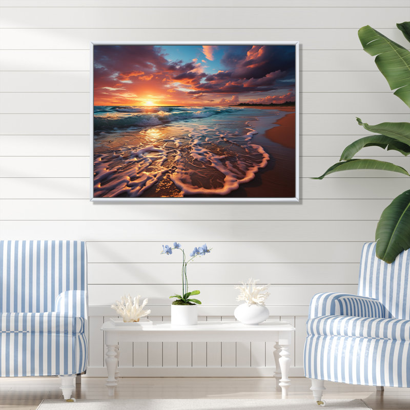 «Sunset Beachside Horizon V», reproduction sur toile, Cadre flottant blanc, 24" H x 32" W