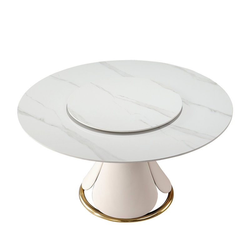 "Table de salle à manger moderne en pierre frittée moderne, table tournante ronde de 31,5" avec base en bois et piédestal en métal, comprend 8 chaises