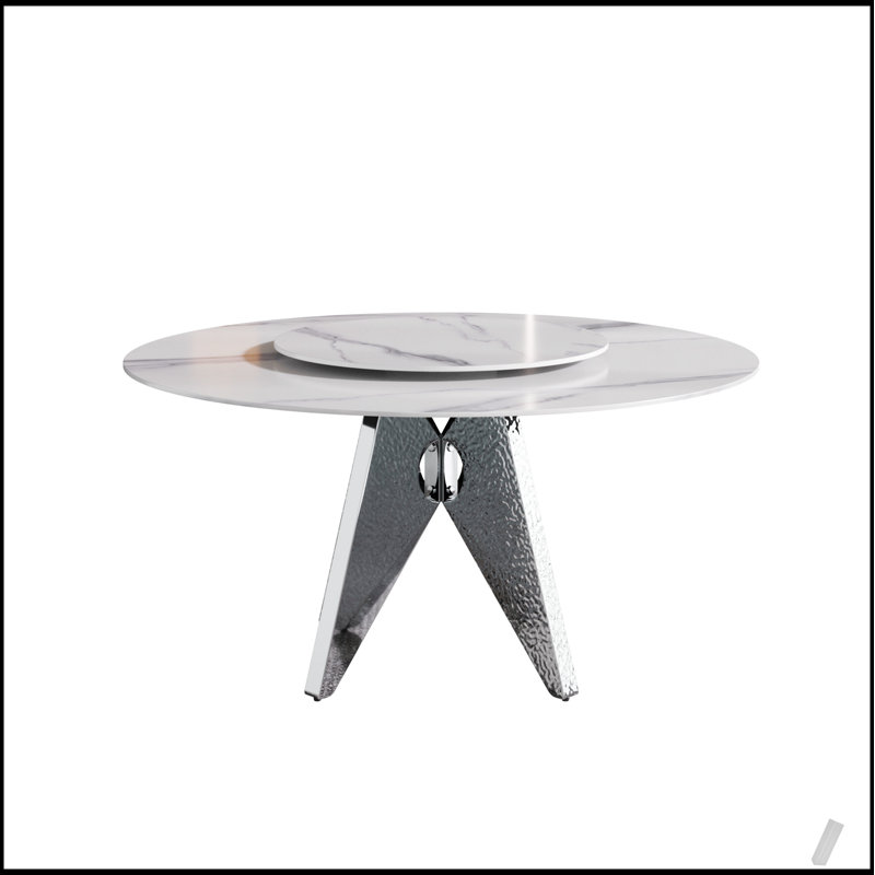 Table de salle à manger ronde en marbre artificiel de 53 pouces avec base en acier inoxydable argenté, comprenant un plateau tournant blanc de 23,62 pouces pour une salle à manger élégante et fonctionnelle