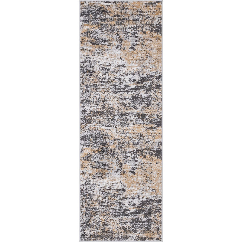 Tapis abstrait en polypropylène tissé à la machine Highdell en brun / noir / blanc, Tapis de couloir 2 pi 2 po x 6 pi
