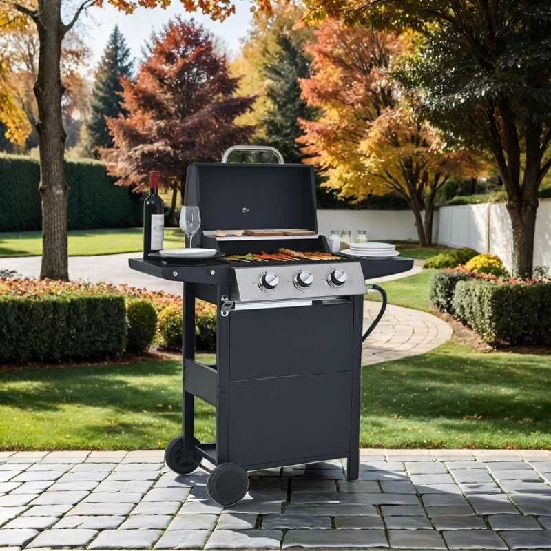 Barbecue au propane en acier inoxydable à 3 brûleurs, 26 K BTU, barbecue portatif avec roues