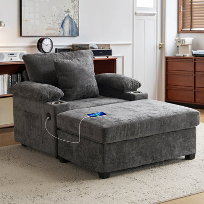 Chaise moderne surdimensionnée avec repose-pieds, canapé-lit en tissu de chenille, fauteuil d'appoint, canapé confortable avec porte-gobelets et port USB pour salon, chambre à coucher, appartement
