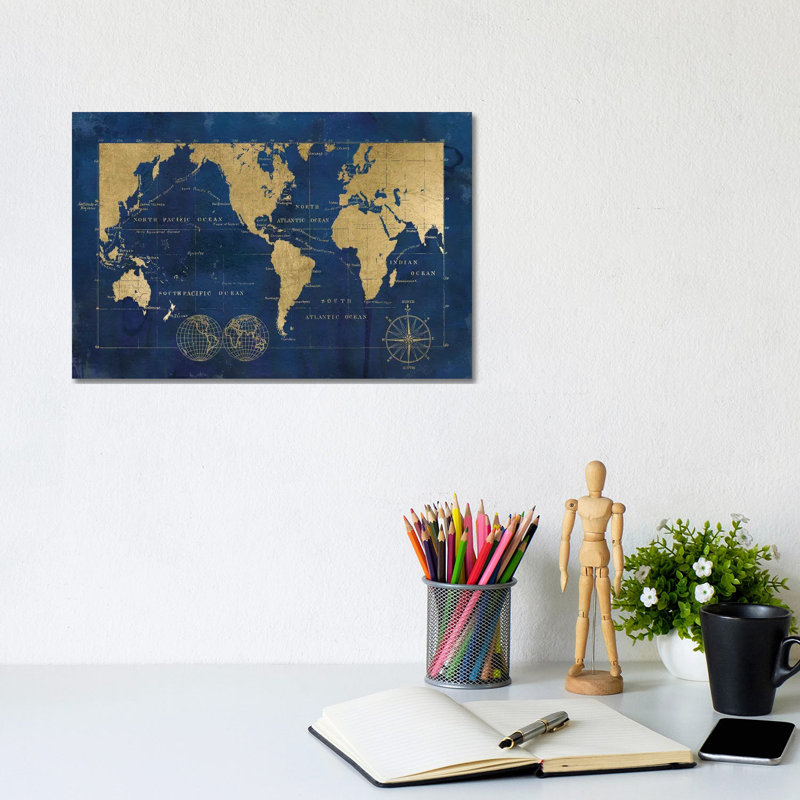 «Indigo World Map» par Carol Robinson, impression sur toile tendue, H 12 po x l 18 po x P 1,5 po