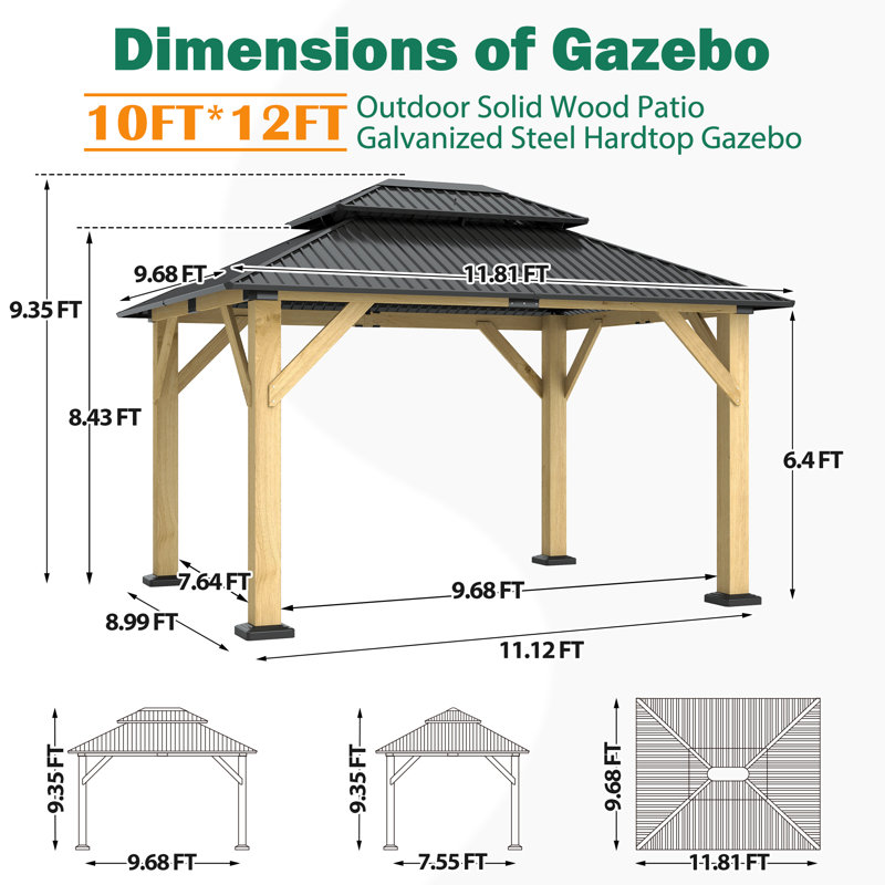 Solid Wood Gazebo, Outdoor Wooden Gazebo with Aluminum Double Roof for Garden, Patio, Deck, Backyard, 12' W x 10' D