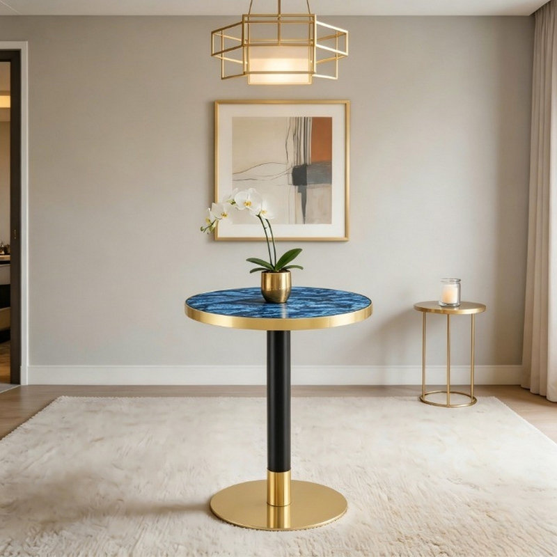 Mid-Century Round Bistro Table, 23.6" Emerald Blue Accent Table with Black & Gold Metal Base, High-Gloss UV Faux Stone Small Dining Table, Unique Designer Coffee Table for Apartment.