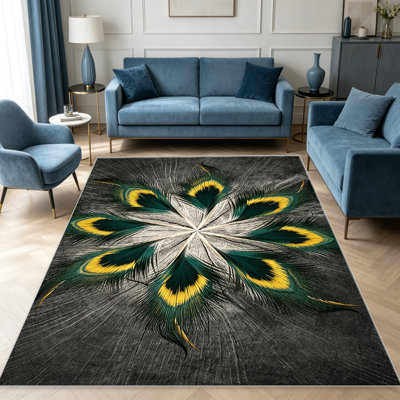 Emerald Gold Peacock Feather area rugs for Living Room, Soft and Comfortable, Suitable for all seasons, easy to maintain, machine washable Indoor floor mat, Under Table Farmhouse suitable for Bedroom, Dining Room, Study, Patio, Balcony, Home Decor