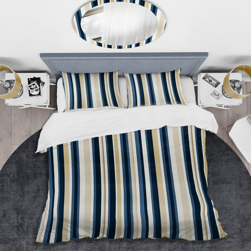 Literie à rayures classique classique beige et bleu, Housse de couette pour grand lit et 2 taies décor