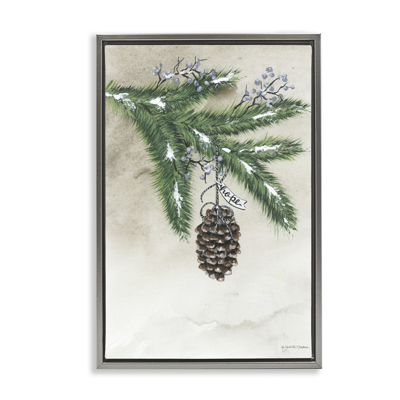 Toile flottante «Dangling Rustic Pine Cone» par Julie Norkus, Cadre flottant gris lustré, H 31 po x l 21 po